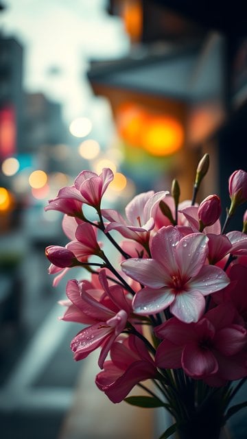 Dewy Pink Flowers with Urban Bokeh Lights