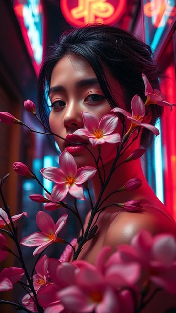 Neon Cyberpunk Portrait: Asian Woman with Pink Flowers
