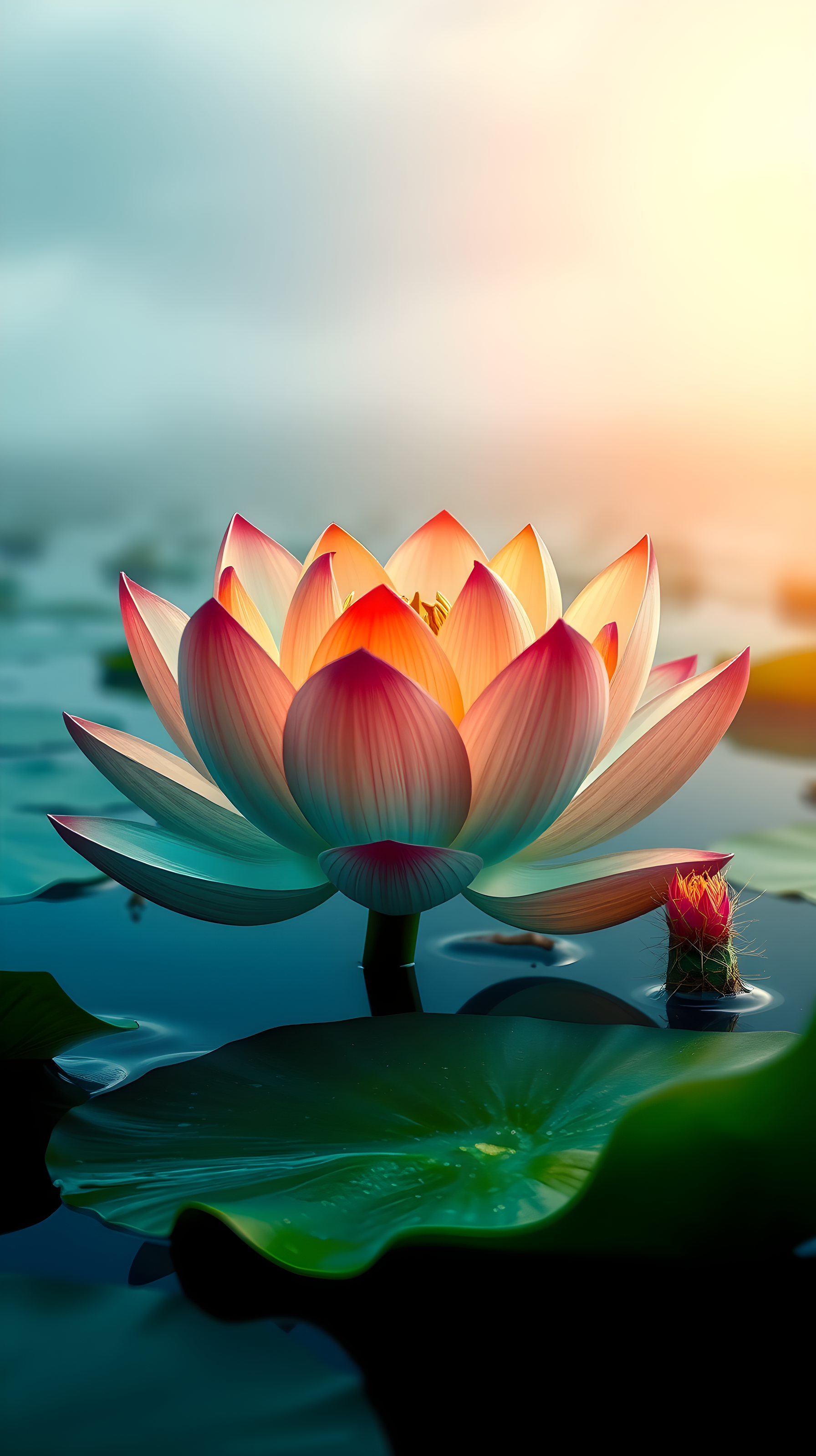 Vibrant Glowing Lotus Flower in Misty Pond, lotus flower, glowing, vibrant, nature, serene, pink orange