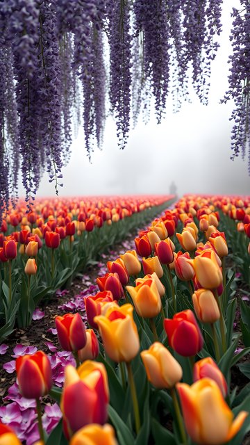 Dreamy Wisteria & Tulip Field: Misty Spring Bloom