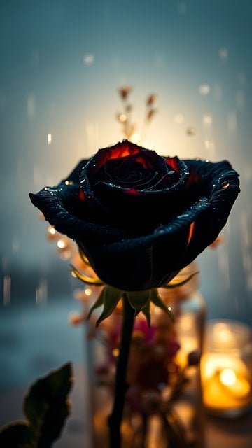 Enchanting Dark Rose with Dewdrops and Warm Bokeh