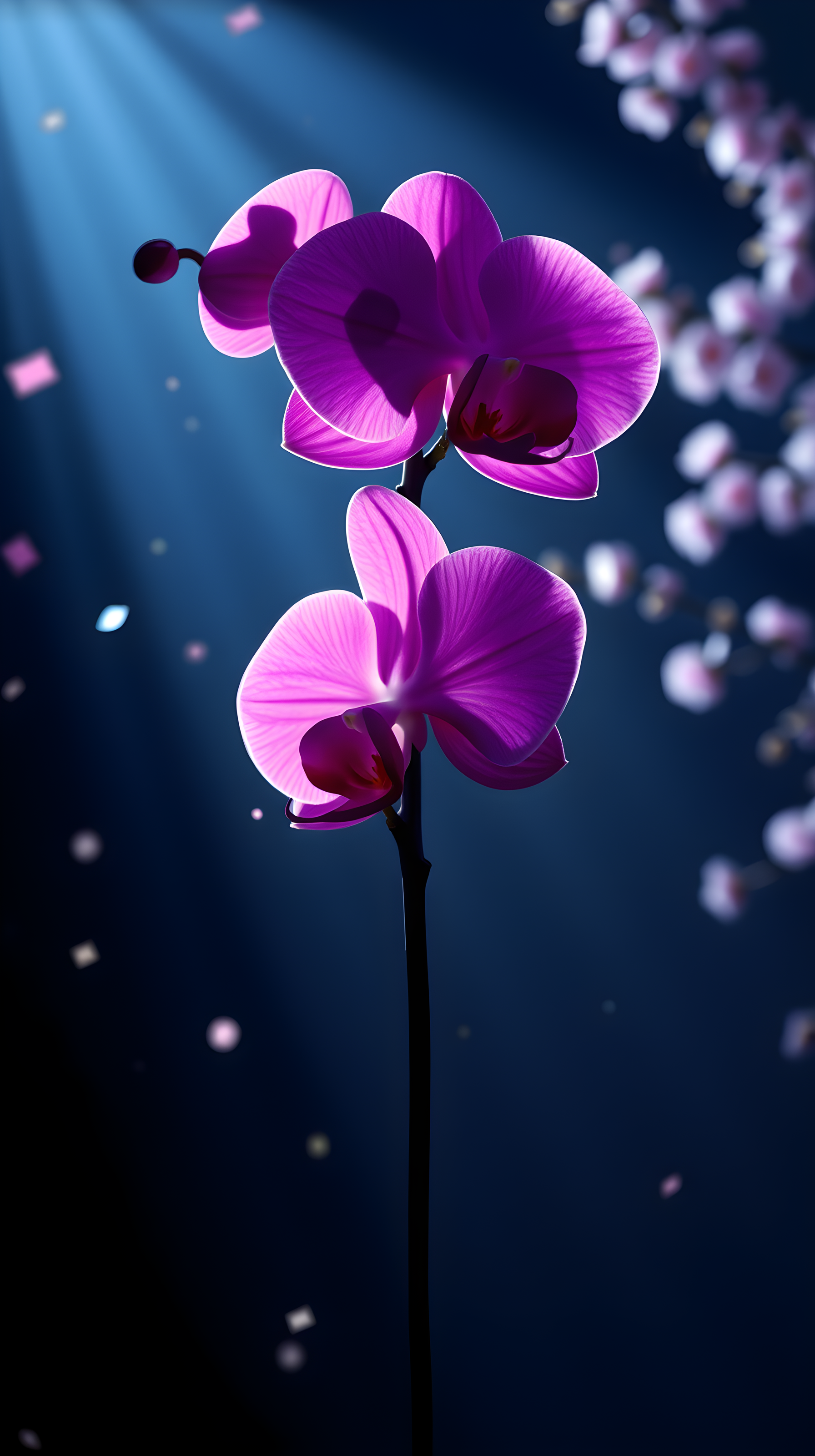 Vibrant Orchid in Light Rays Dark Floral Wallpaper, orchid, purple flower, floral wallpaper, dark aesthetic, light rays, glowing flower