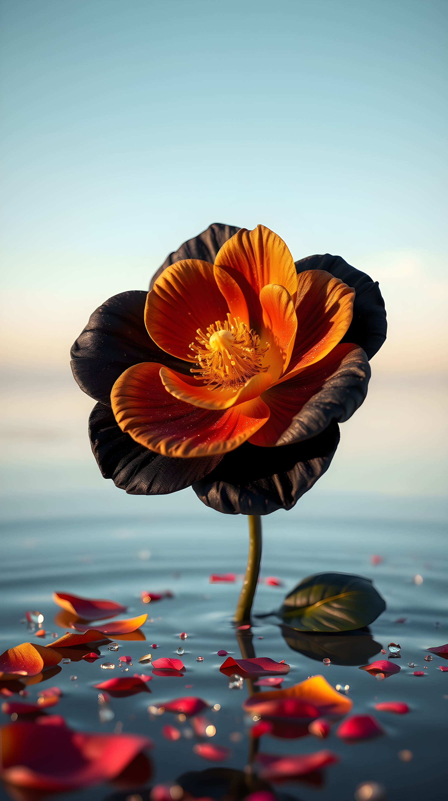 Vibrant Orange Flower on Calm Water Wallpaper, flower, orange flower, black petals, water, serene, elegant