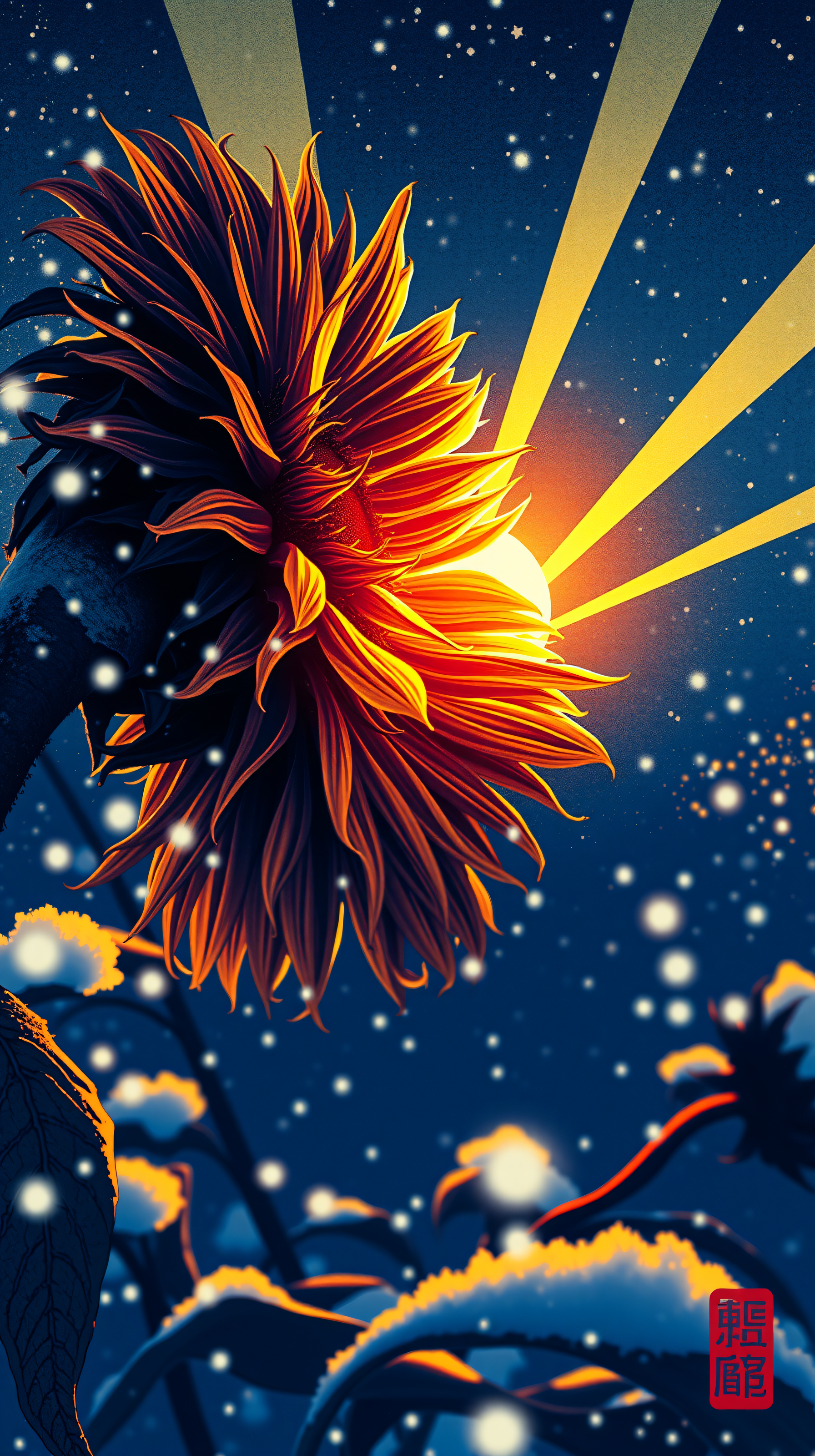 Golden Sunflower in Snowy Night Sky Wallpaper, sunflower, winter, night, snow, golden, blue