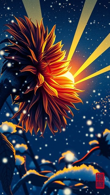 Golden Sunflower in Snowy Night Sky Wallpaper