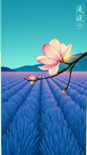 Vibrant Magnolia Blossom over Lavender Field Sunrise