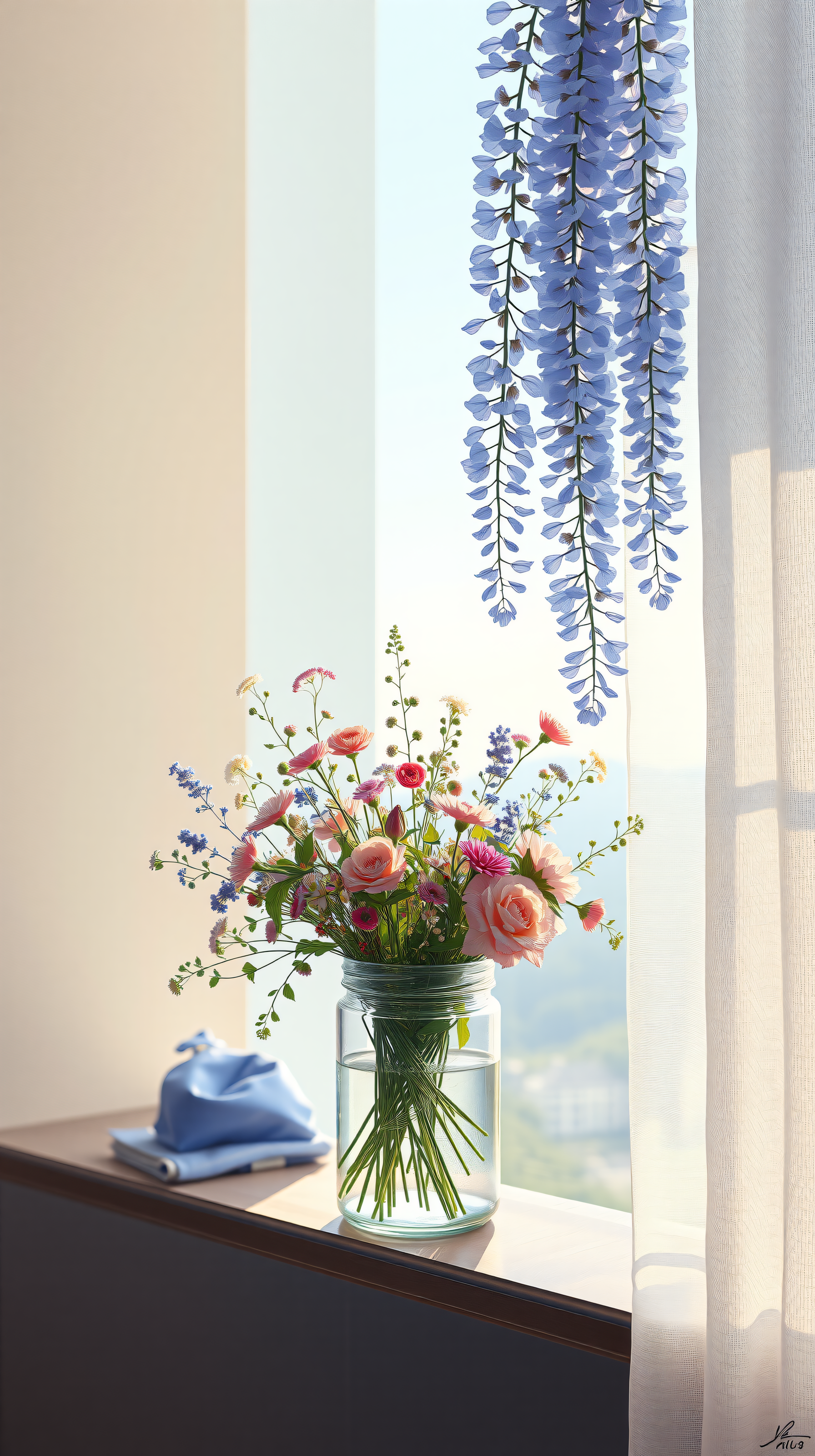 Elegant Wisteria & Floral Bouquet by Sunny Window, floral, wisteria, bouquet, flowers, aesthetic, window