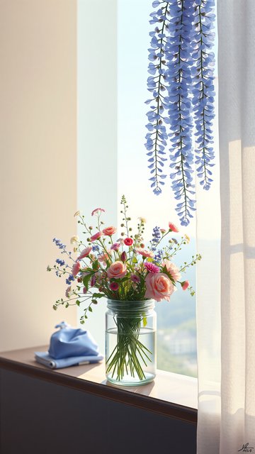 Elegant Wisteria & Floral Bouquet by Sunny Window