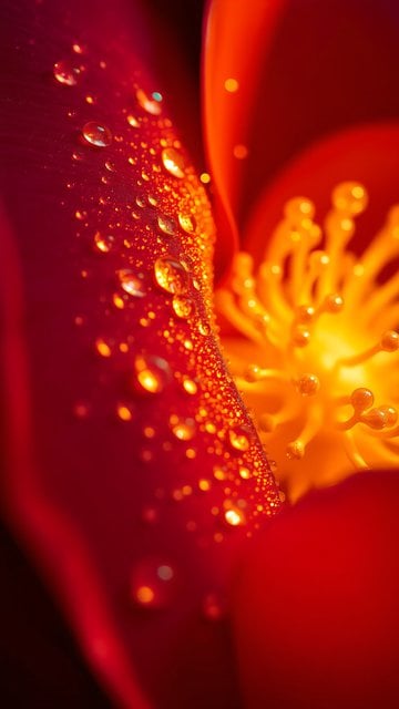Vibrant Red Flower Petal with Sparkling Water Droplets