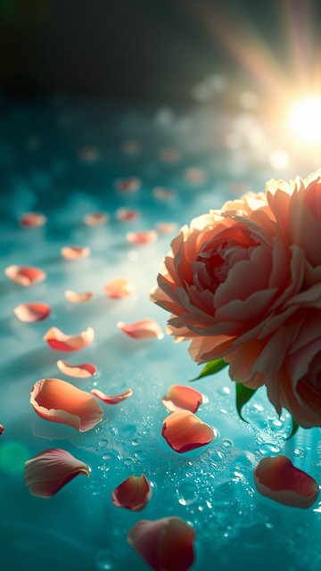 Soft Peach Peony & Petals on Vibrant Aqua Water