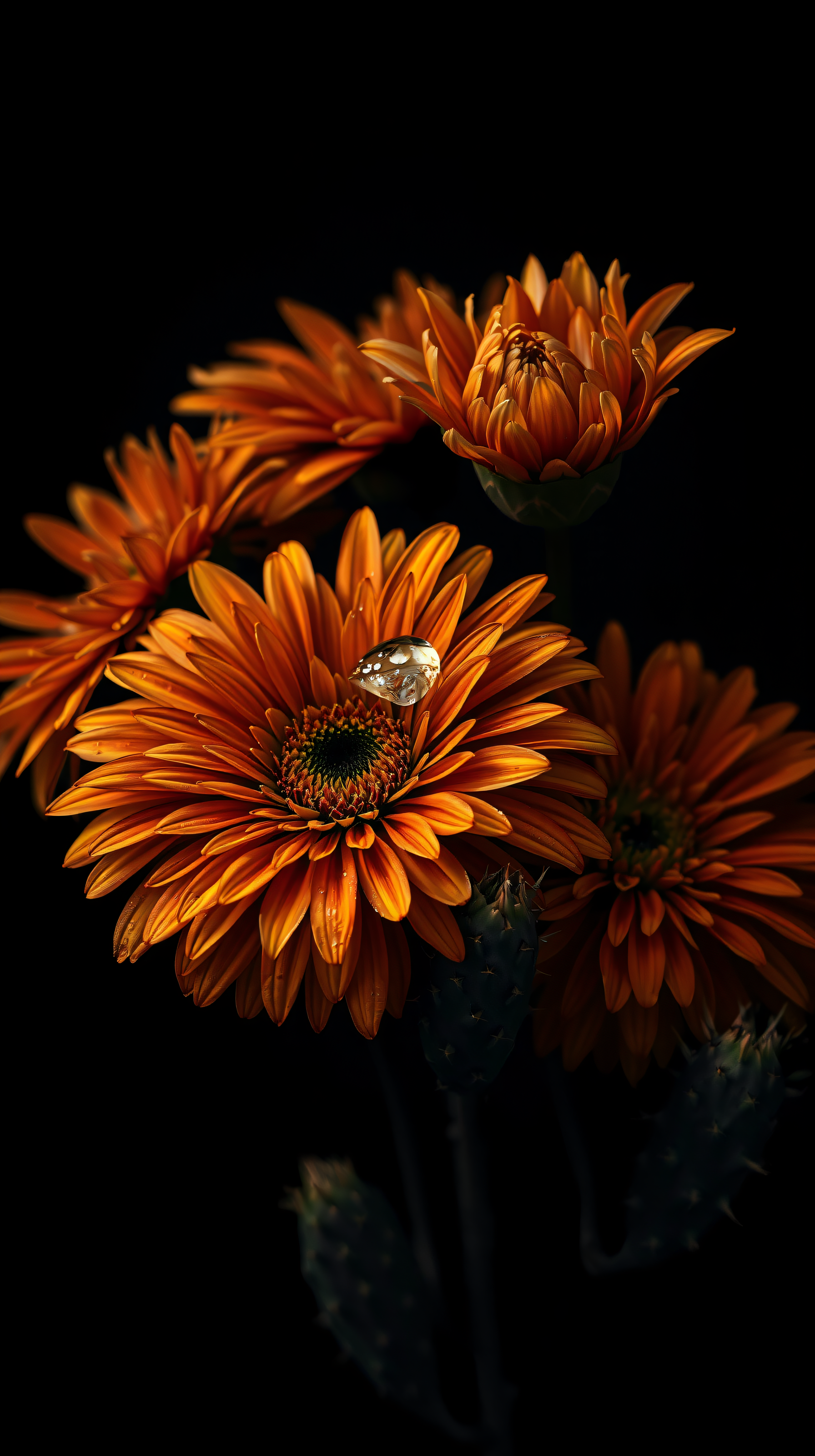 Vibrant Orange Flowers with Water Droplet Wallpaper, orange flowers, water droplet, black background, floral wallpaper, vibrant, elegant