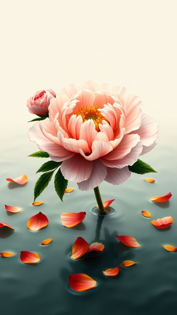 Elegant Pink Peony on Water with Falling Petals