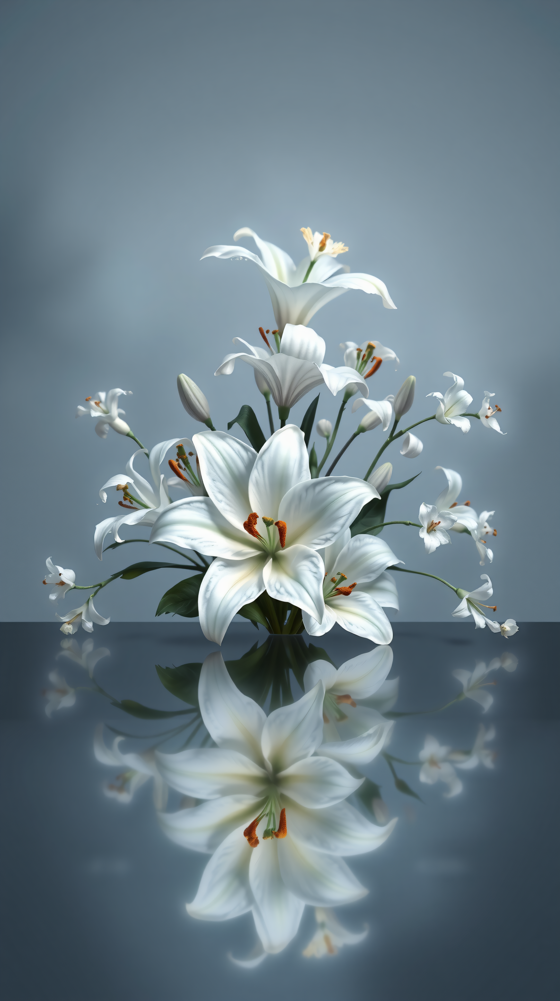 Elegant White Lily Reflection Wallpaper, white lily, floral, elegant, serene, reflection, bouquet