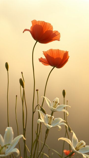 Golden Hour Poppies and Lilies Floral Wallpaper
