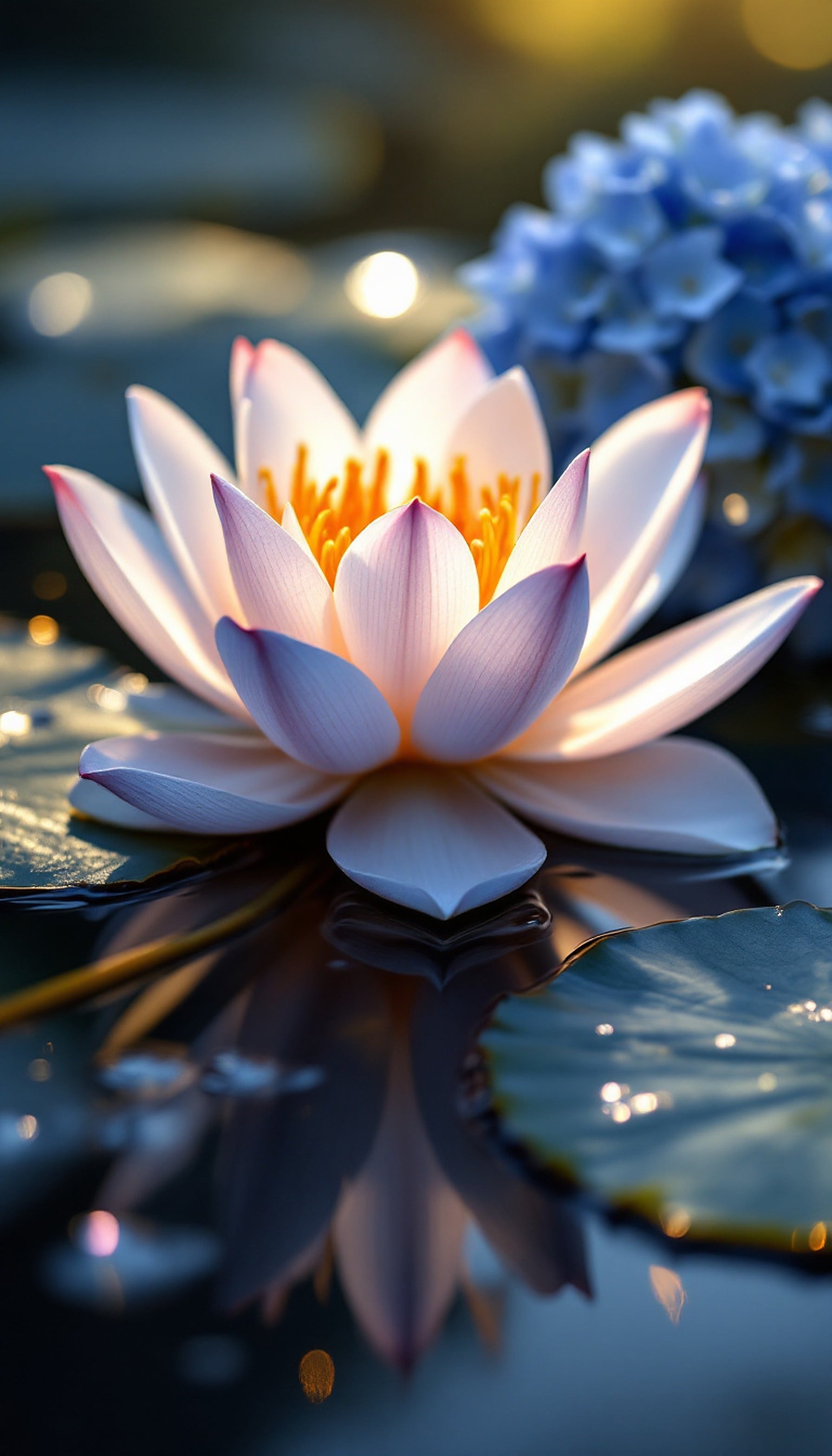 Glowing White Lotus Flower on Water at Sunset, lotus flower, white lotus, water lily, floral wallpaper, nature wallpaper, sunset