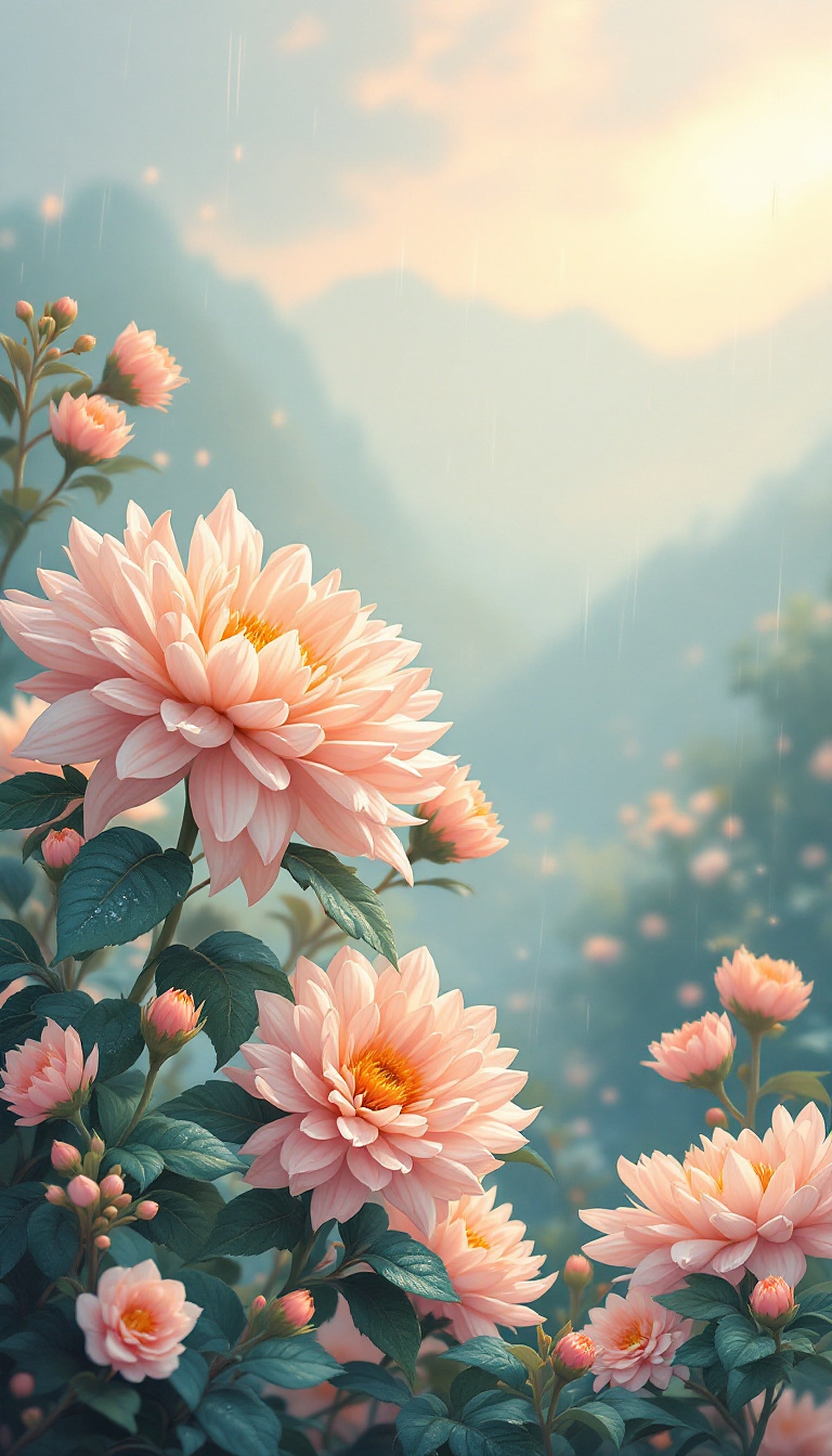 Soft Pink Dahlias in Gentle Rain Landscape, pink dahlias, floral wallpaper, dreamy flowers, rainy landscape, aesthetic background, soft pastels