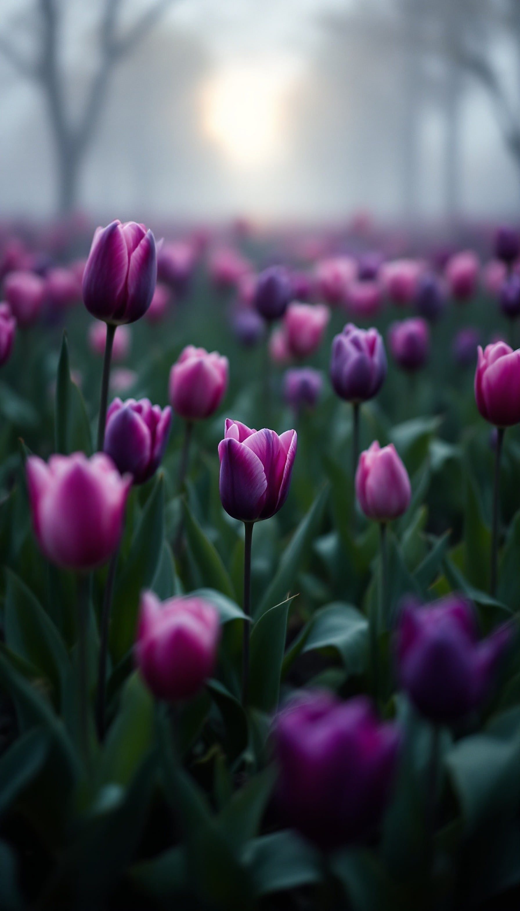 Misty Morning Purple Pink Tulip Field Wallpaper, tulips, purple tulips, pink tulips, misty morning, flower field, floral wallpaper