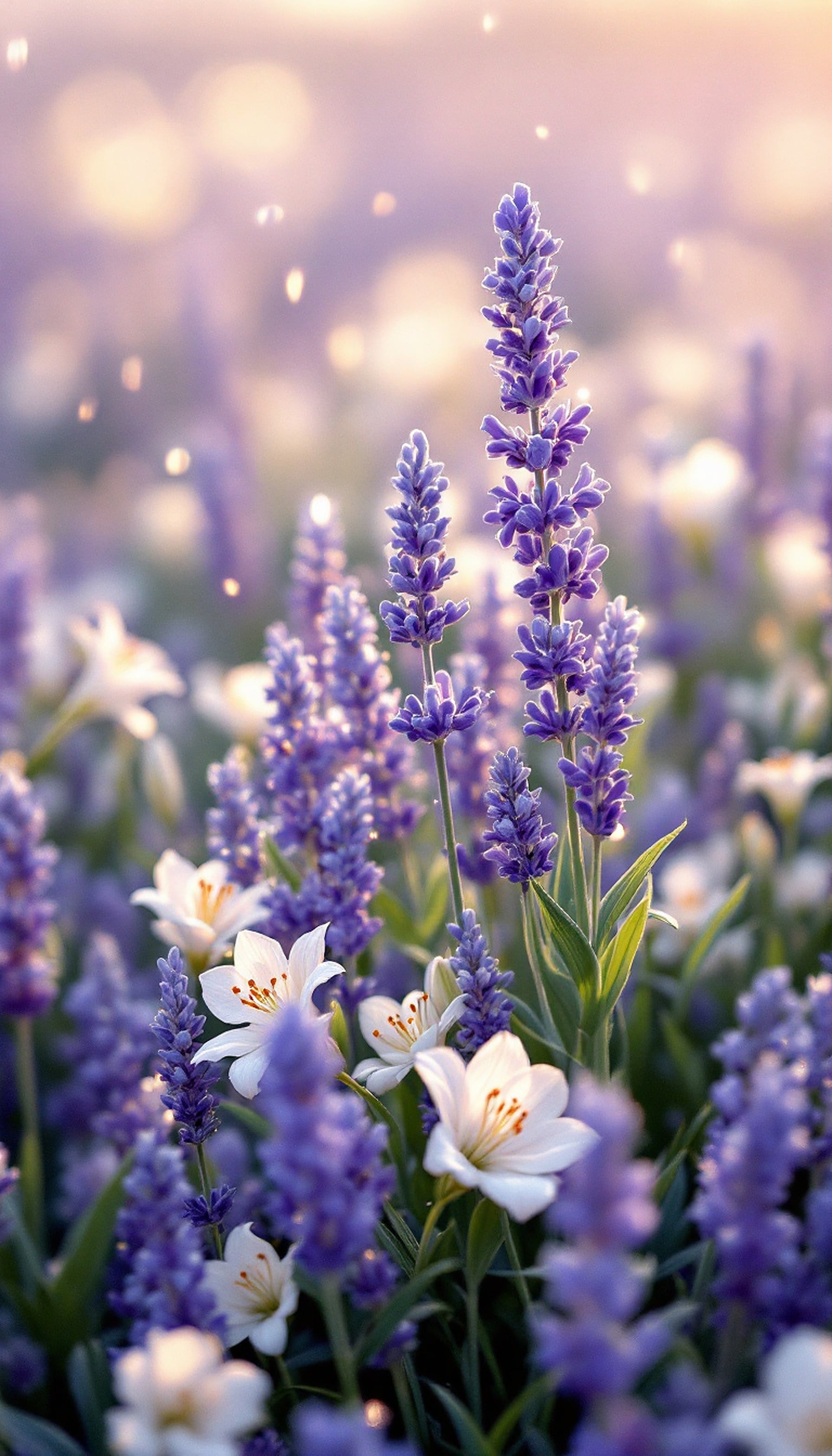 Dreamy Lavender Field with White Flowers Bokeh, lavender field, purple flowers, white flowers, bokeh, dreamy, floral