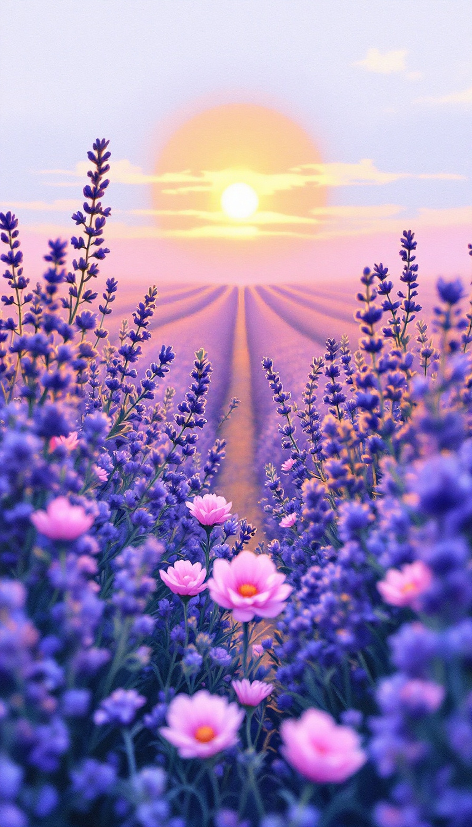 Dreamy Lavender Field Sunset Mobile Wallpaper, lavender field, sunset, purple flowers, pink flowers, nature wallpaper, dreamy