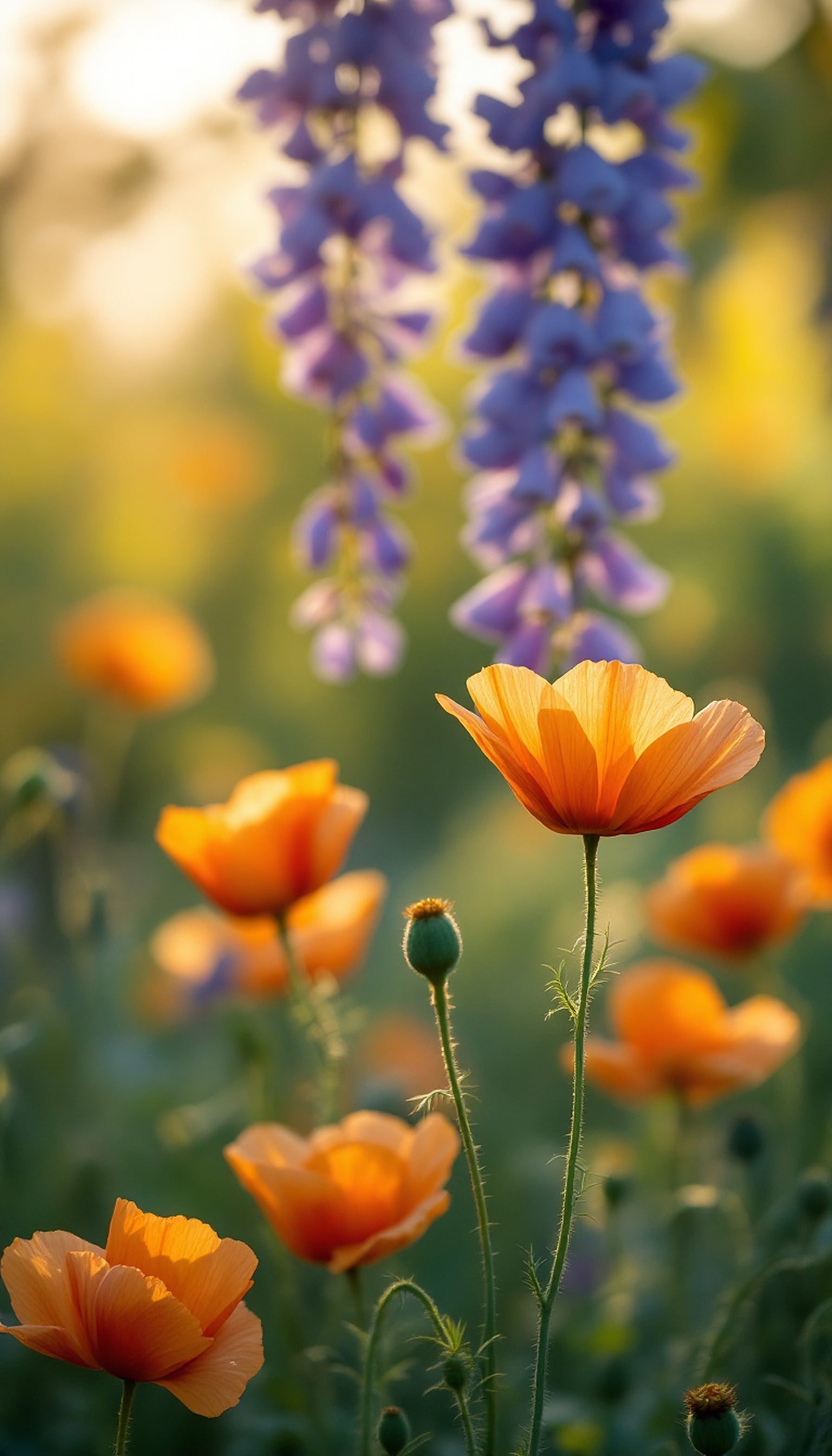 Golden Poppies & Wisteria in Sunset Glow, poppies, wisteria, floral, sunset, golden hour, nature