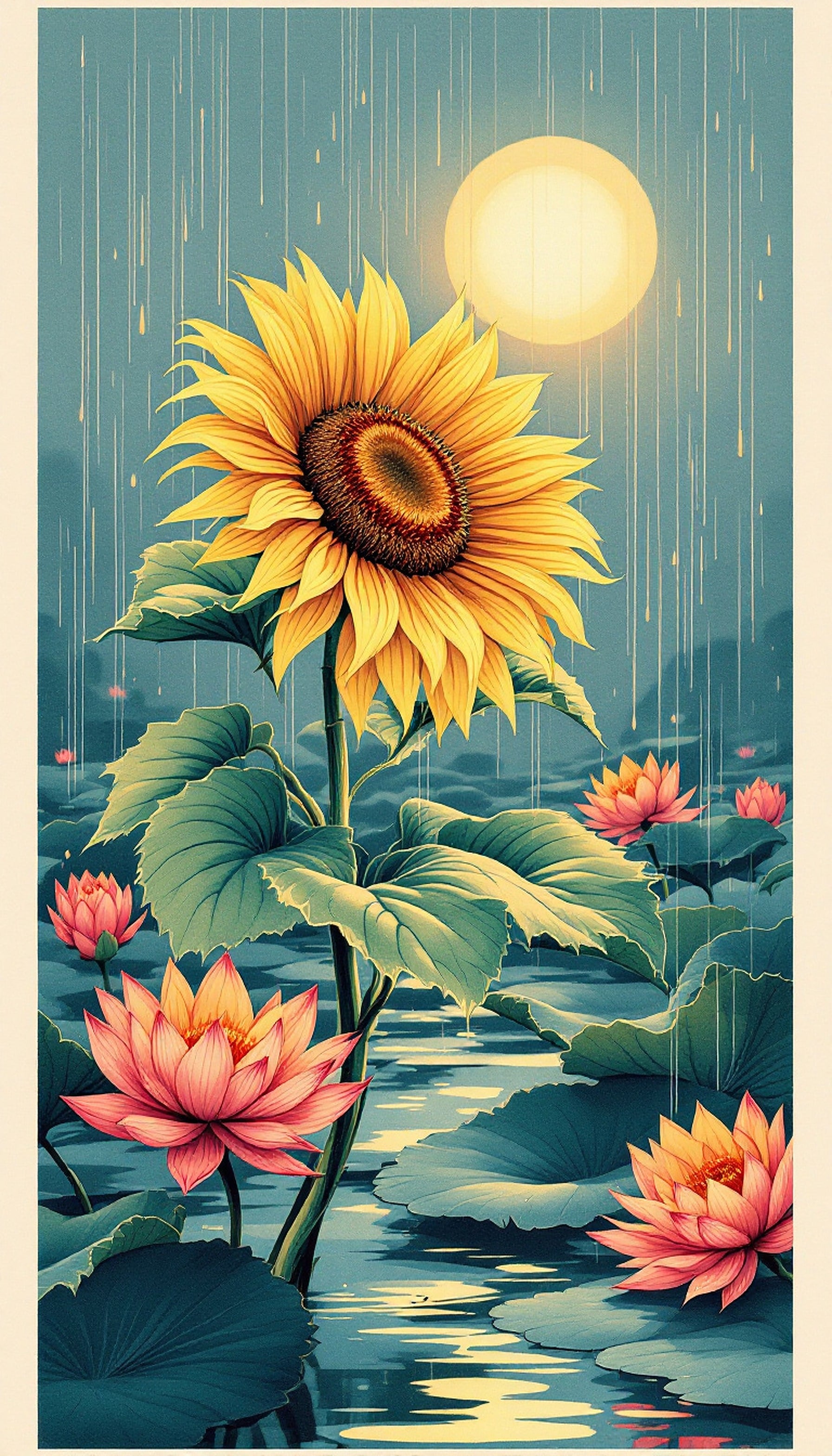 Rainy Sunflower & Lotus Pond Wallpaper, sunflower, lotus, rain, pond, floral, nature