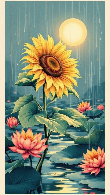 Rainy Sunflower & Lotus Pond Wallpaper