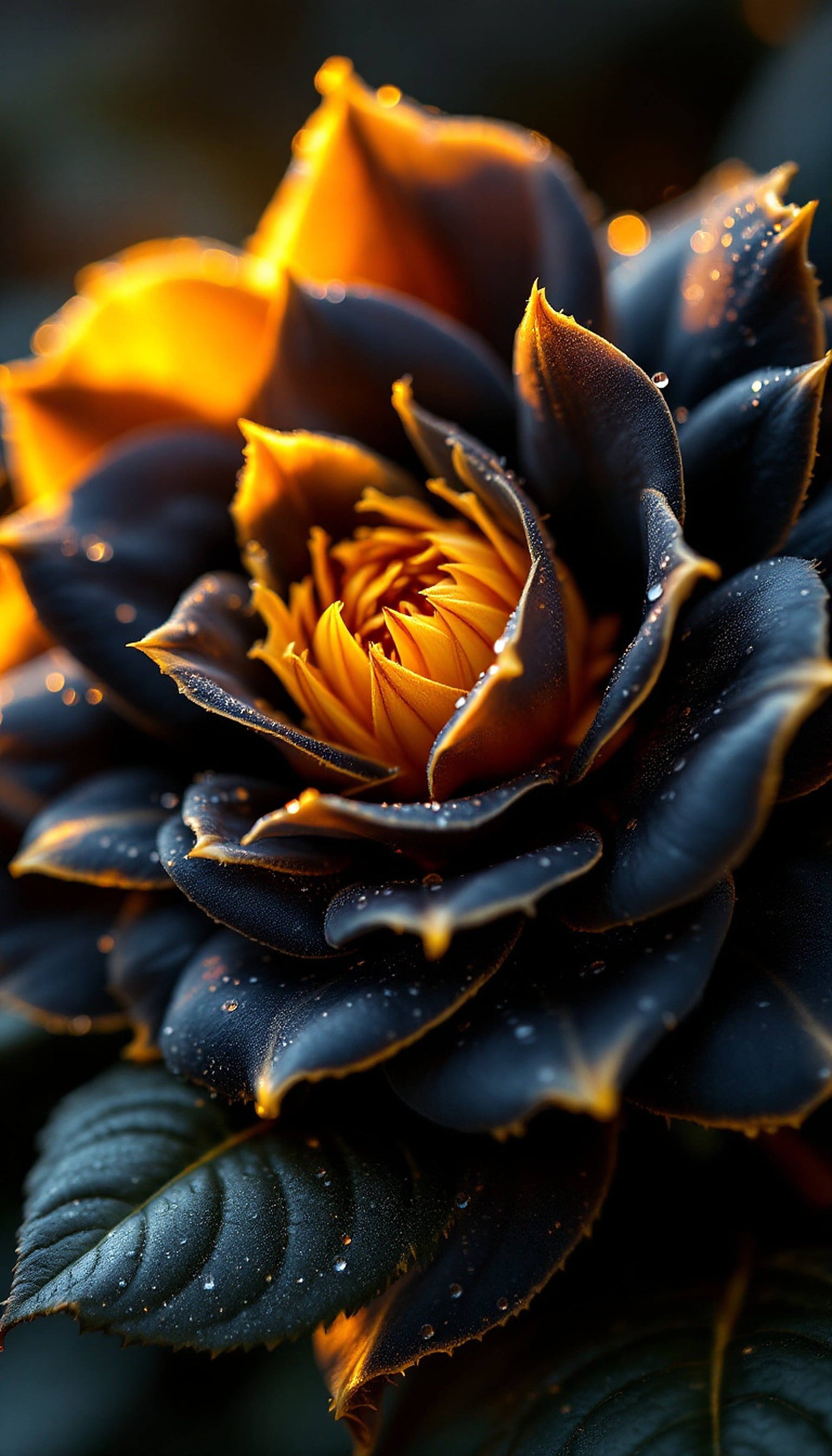 Dark Dahlia with Golden Glow & Dew Drops, dark dahlia, golden flower, dew drops, moody floral, close-up, nature wallpaper