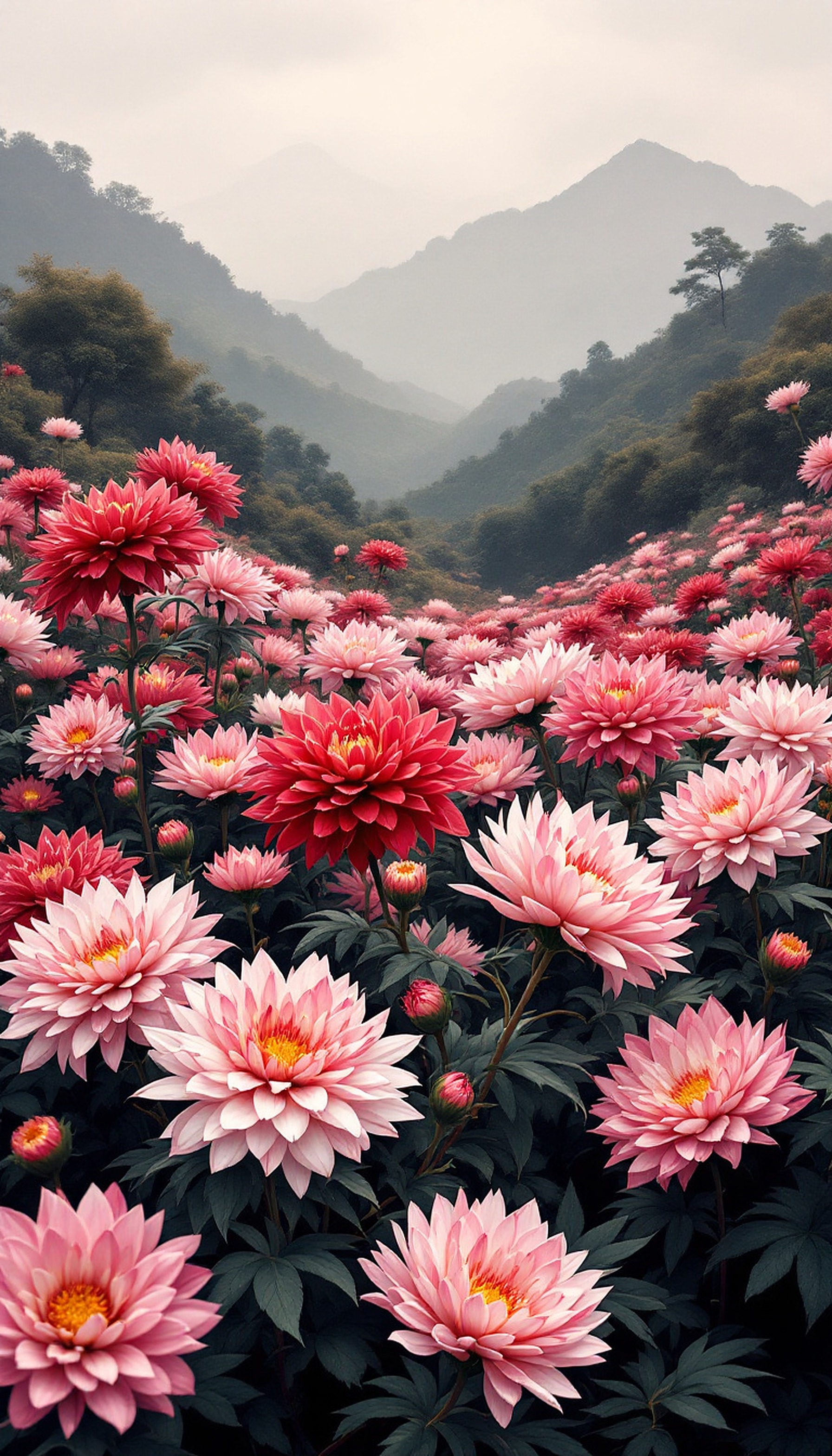 Vibrant Pink Dahlias Mountain Valley Wallpaper, dahlias, pink flowers, red flowers, flower field, mountain valley, misty landscape