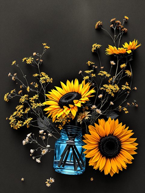 Vibrant Sunflowers & Blue Vase on Dark