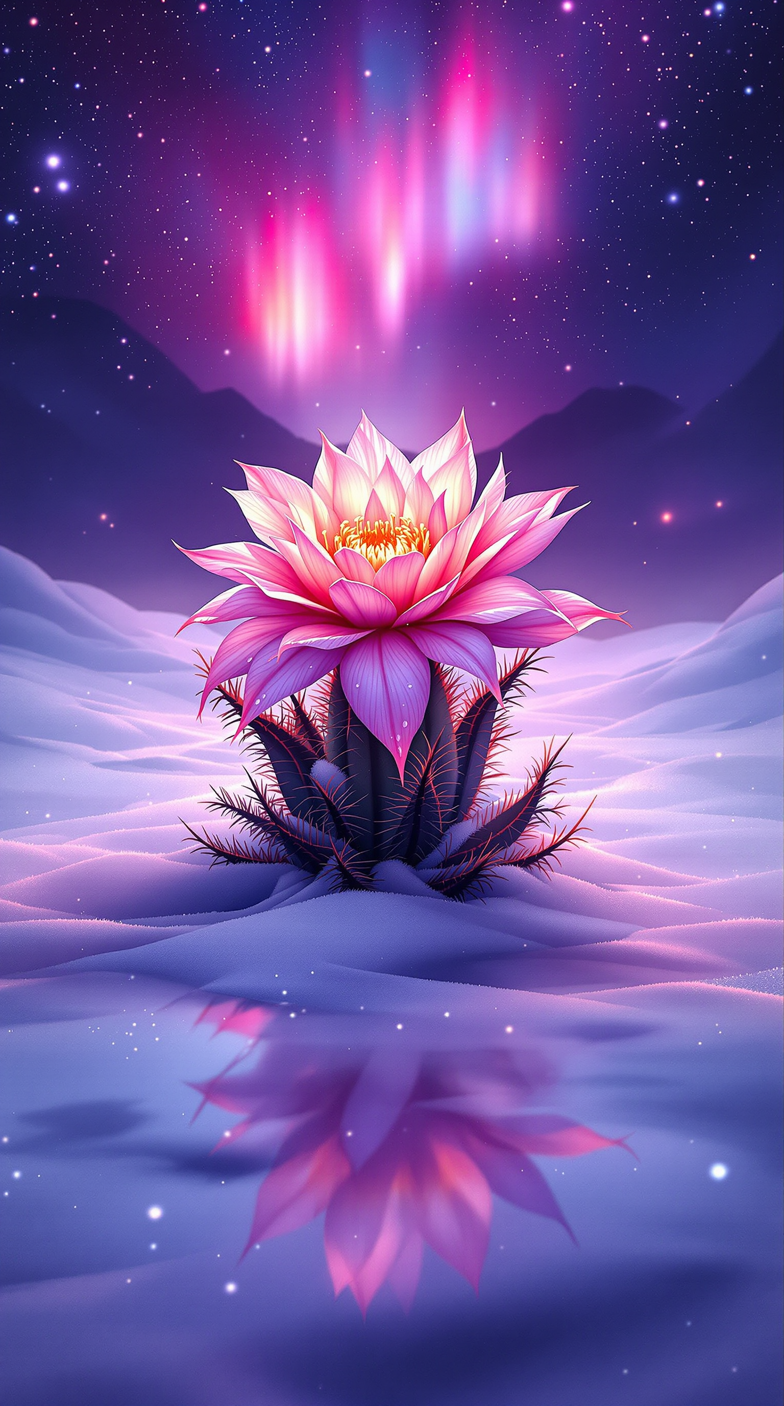 Pink Desert Flower Aurora Night Sky Wallpaper, pink flower, cactus flower, aurora borealis, night sky, fantasy landscape, purple sky
