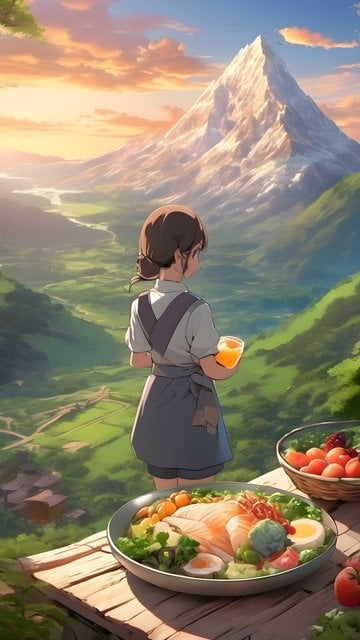 Anime Girl Overlooking Mountain Valley Sunset Feast
