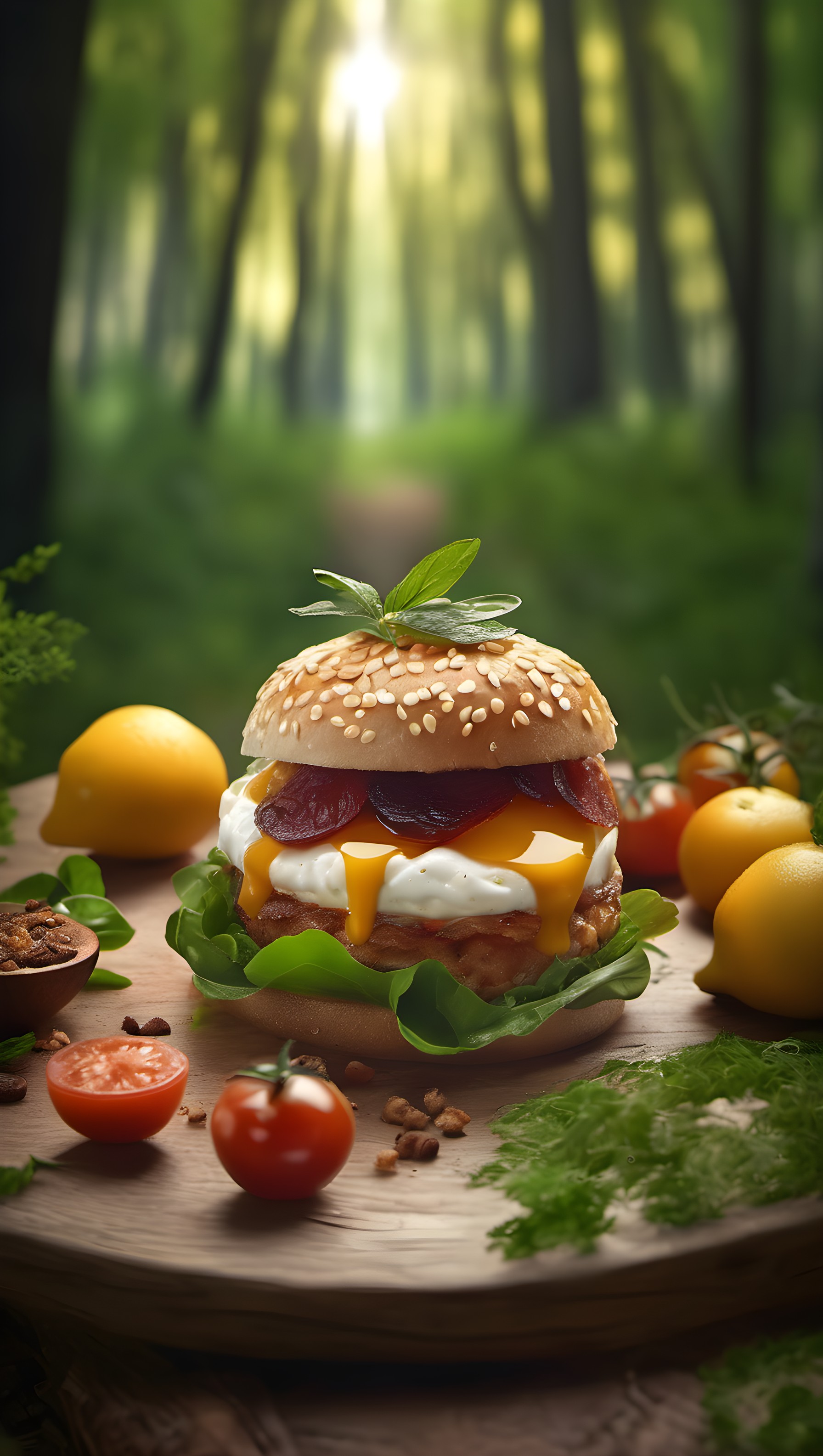 Gourmet Breakfast Burger in Sunny Forest, gourmet burger, breakfast, food photography, forest, sunny, nature