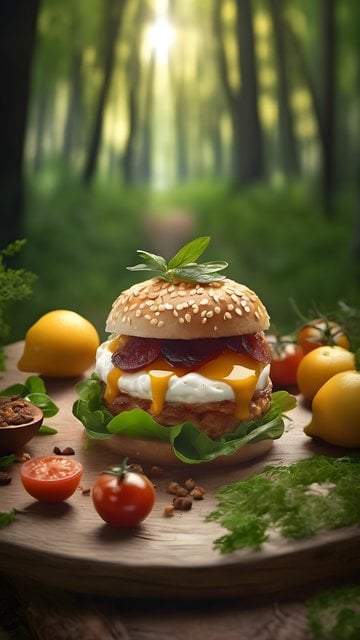 Gourmet Breakfast Burger in Sunny Forest