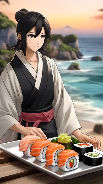 Anime Chef with Sushi Plate on Tropical Beach Sunset