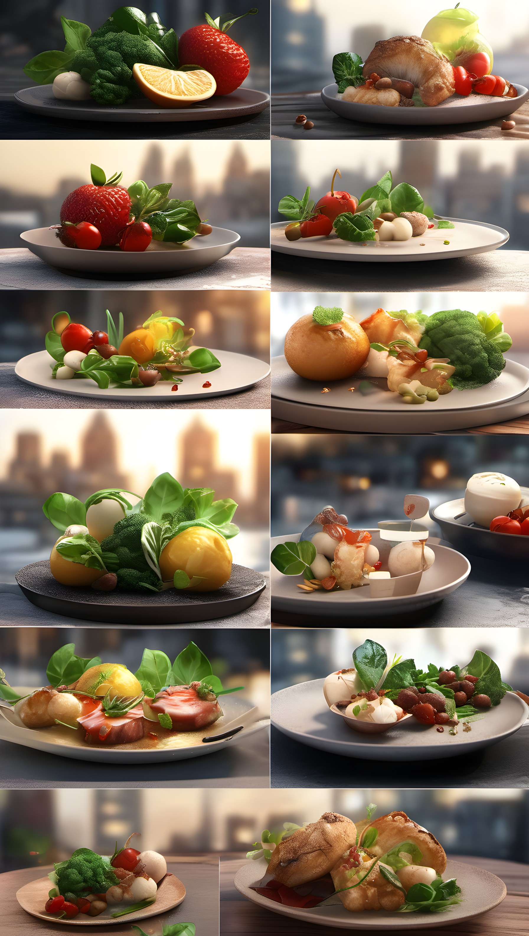 Gourmet Healthy Food Plates Urban Bokeh Wallpaper, gourmet food, healthy meal, fresh ingredients, culinary art, urban dining, vibrant plates