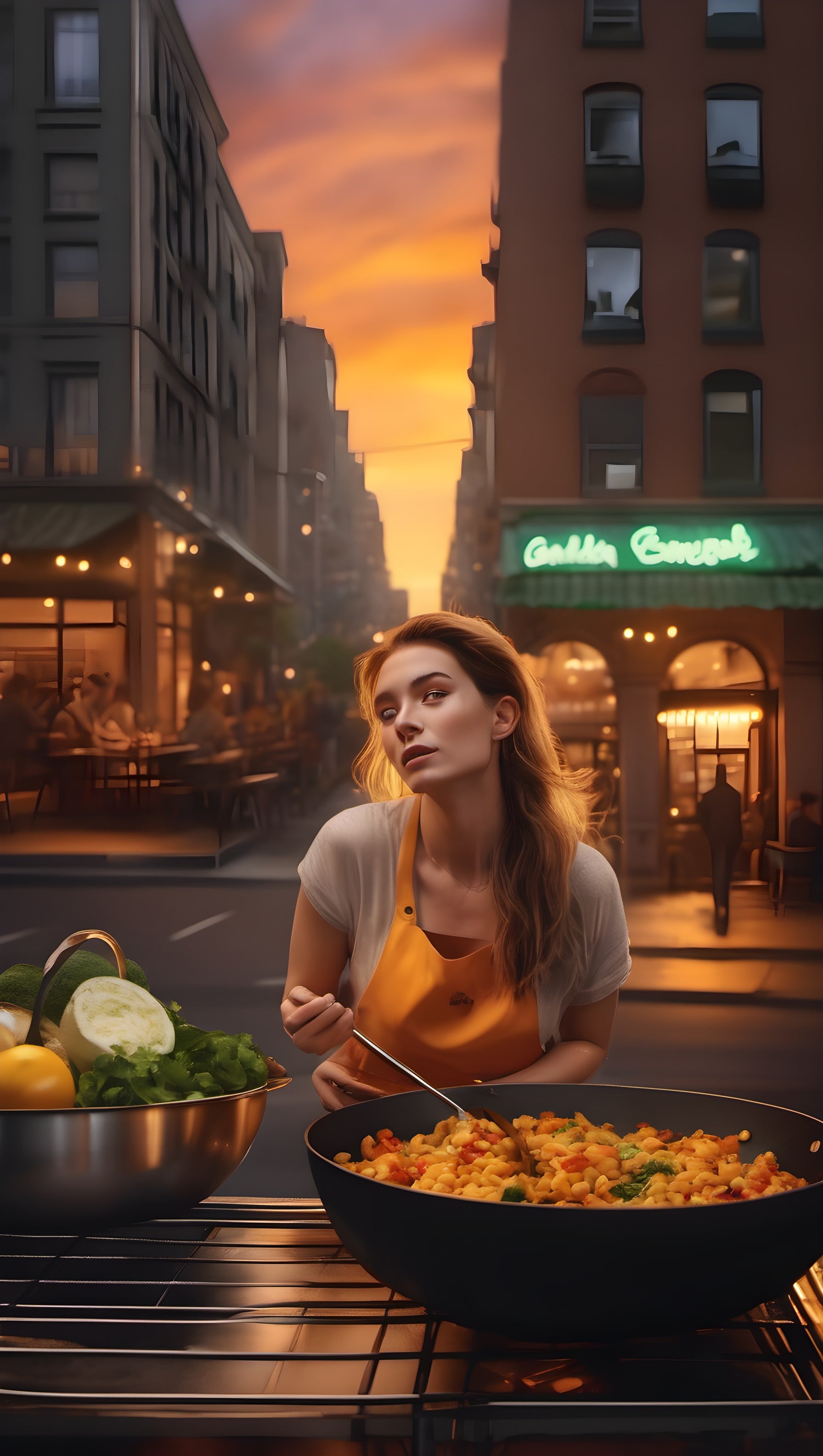 Urban Chef Cooking Golden Hour City Sunset Wallpaper, woman, chef, cooking, urban, city, sunset