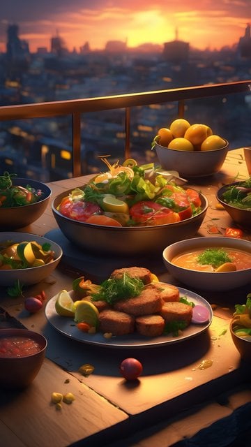 Rooftop Sunset Dinner City View Aesthetic Wallpaper