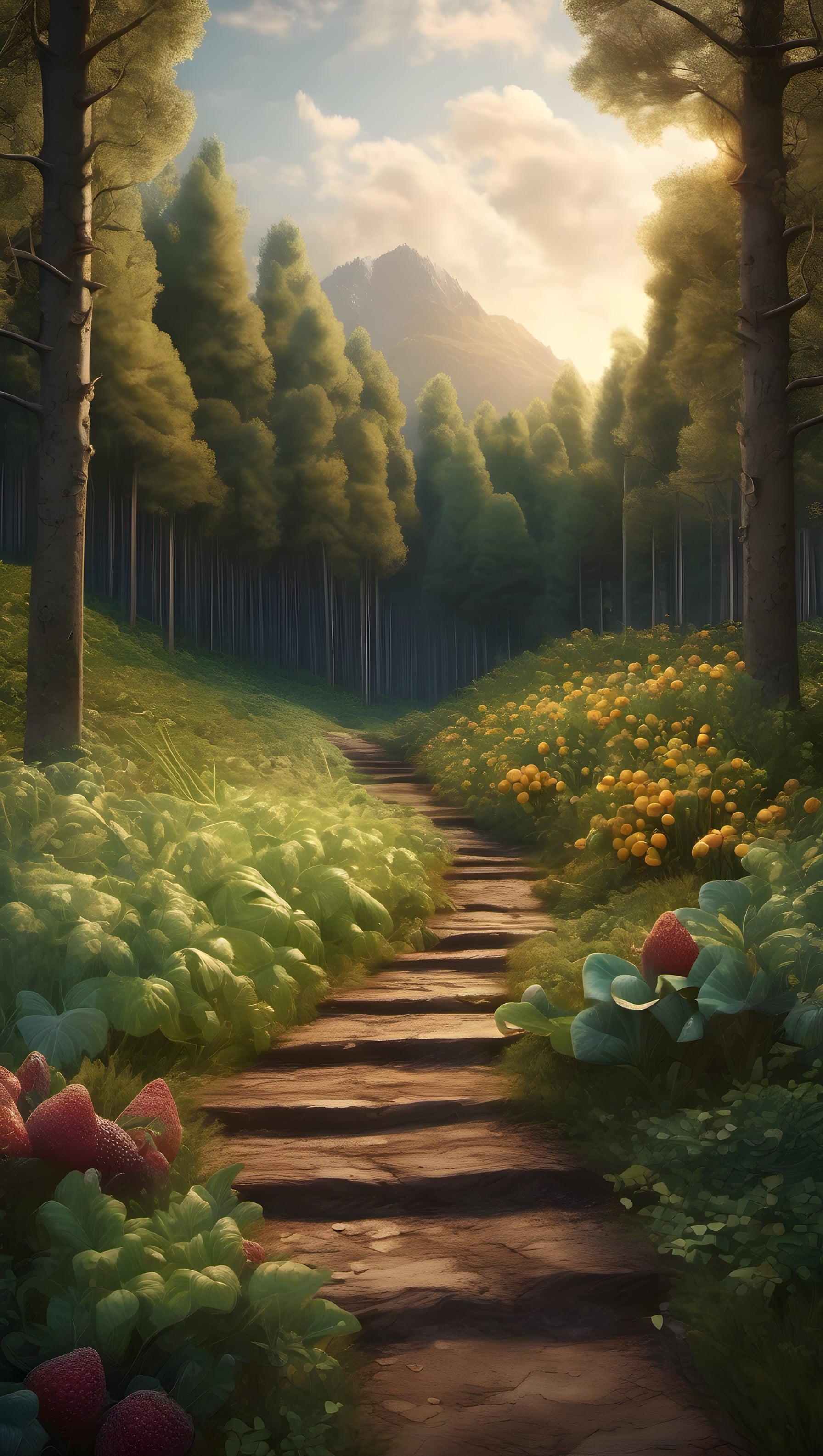 Enchanted Forest Path Sunrise Mobile Wallpaper, forest path, enchanted woods, nature wallpaper, fantasy, golden light, sunrise