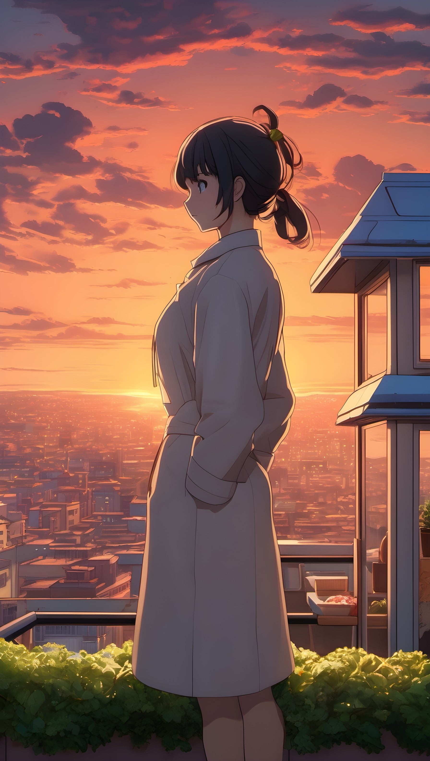 Anime Girl Golden Hour Cityscape Wallpaper, anime girl, sunset, cityscape, golden hour, rooftop view, aesthetic