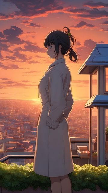 Anime Girl Golden Hour Cityscape Wallpaper