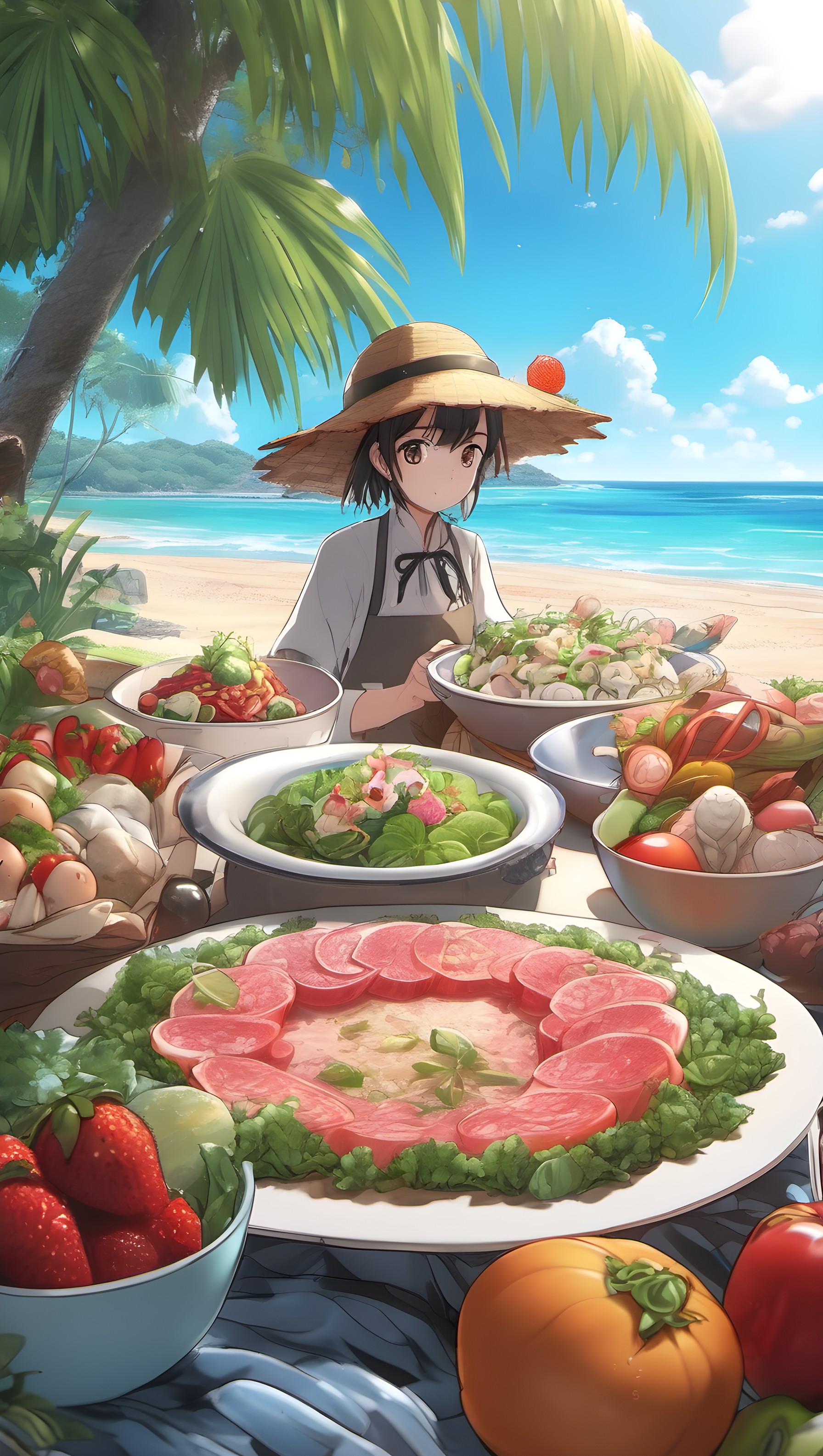 Anime Girl Beach Picnic Fresh Food Wallpaper, anime girl, beach picnic, summer food, tropical vacation, fresh ingredients, vibrant colors