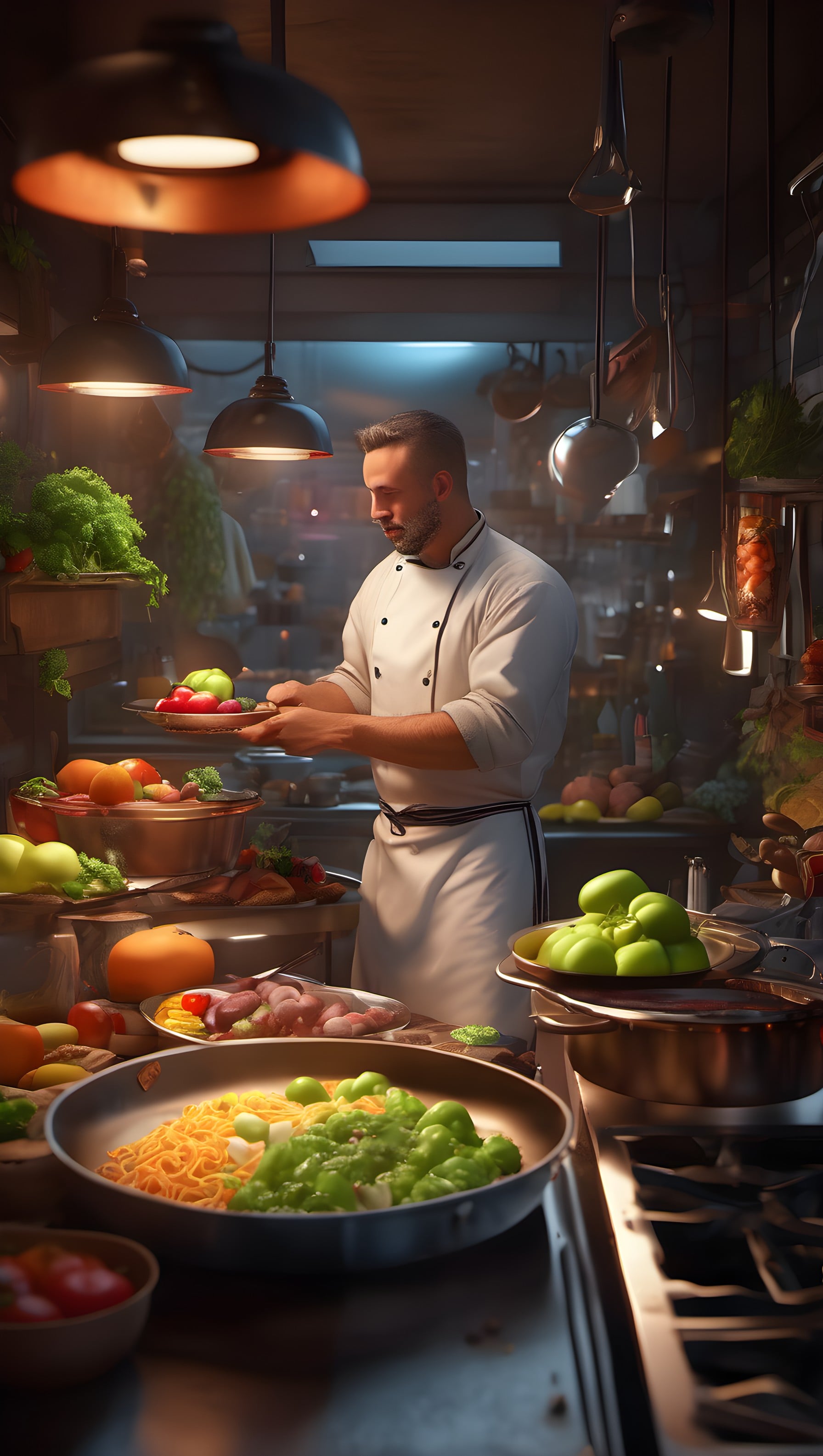 Professional Chef Cooking Fresh Meal Wallpaper, chef, kitchen, cooking, foodie, fresh ingredients, culinary