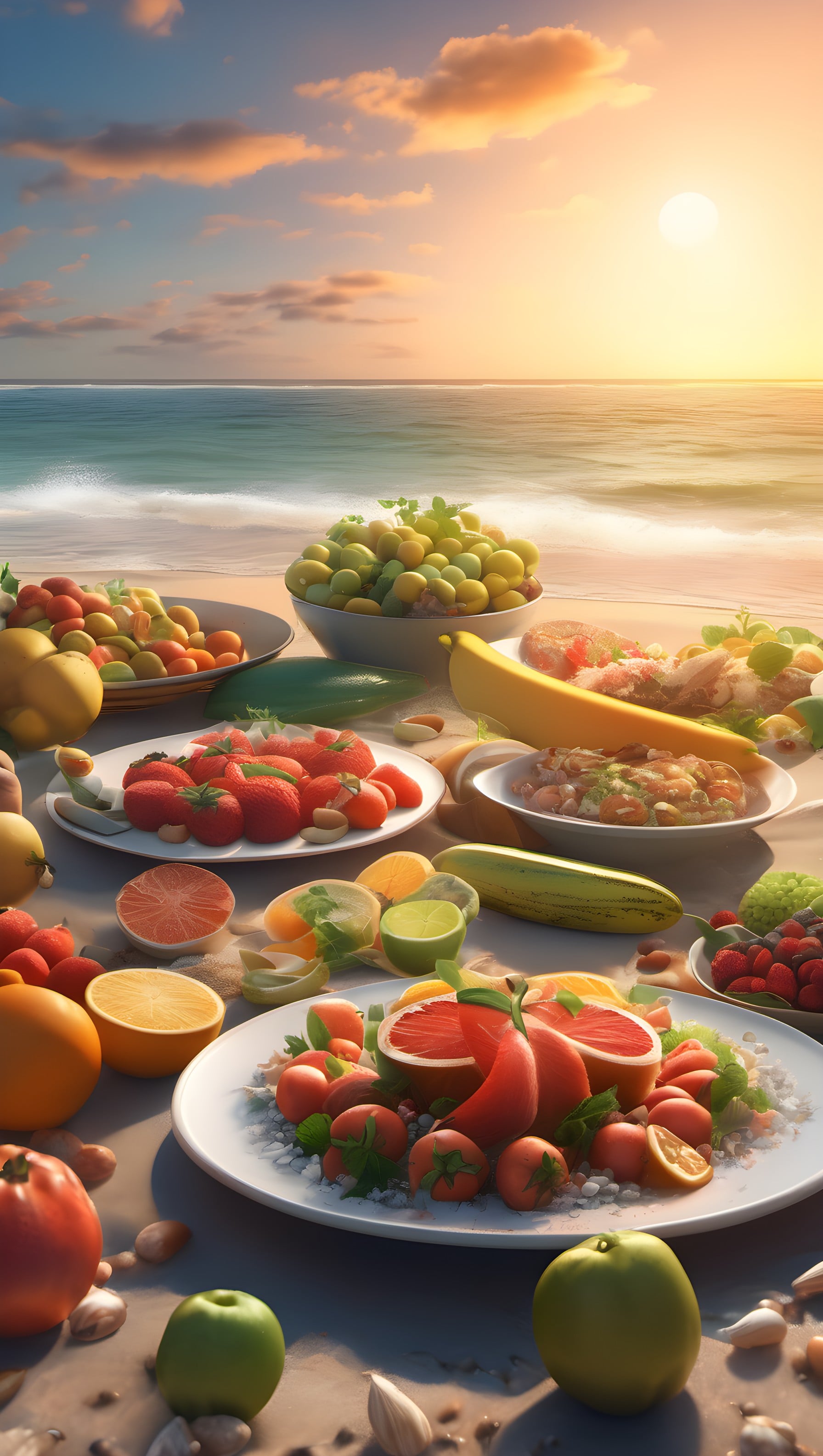 Vibrant Tropical Fruit Feast Beach Sunset Wallpaper, tropical fruit, beach sunset, healthy food, vibrant colors, ocean view, summer picnic