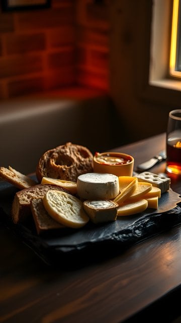 Gourmet Cheese Board with Bread, Cozy Warm Light Wallpaper