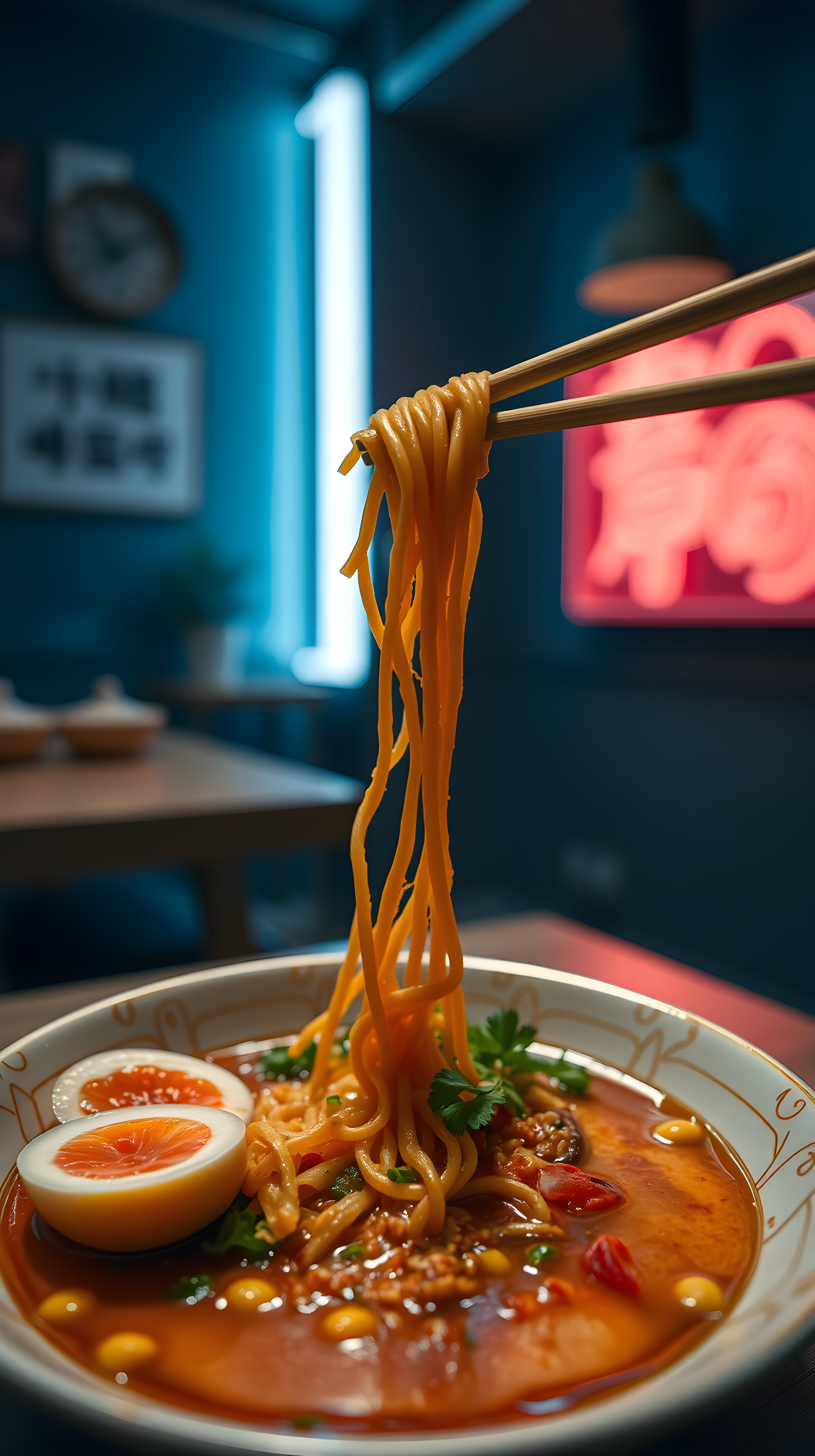 Vibrant Ramen Noodles with Neon Glow Wallpaper, ramen, noodles, food, japanese food, asian food, chopsticks