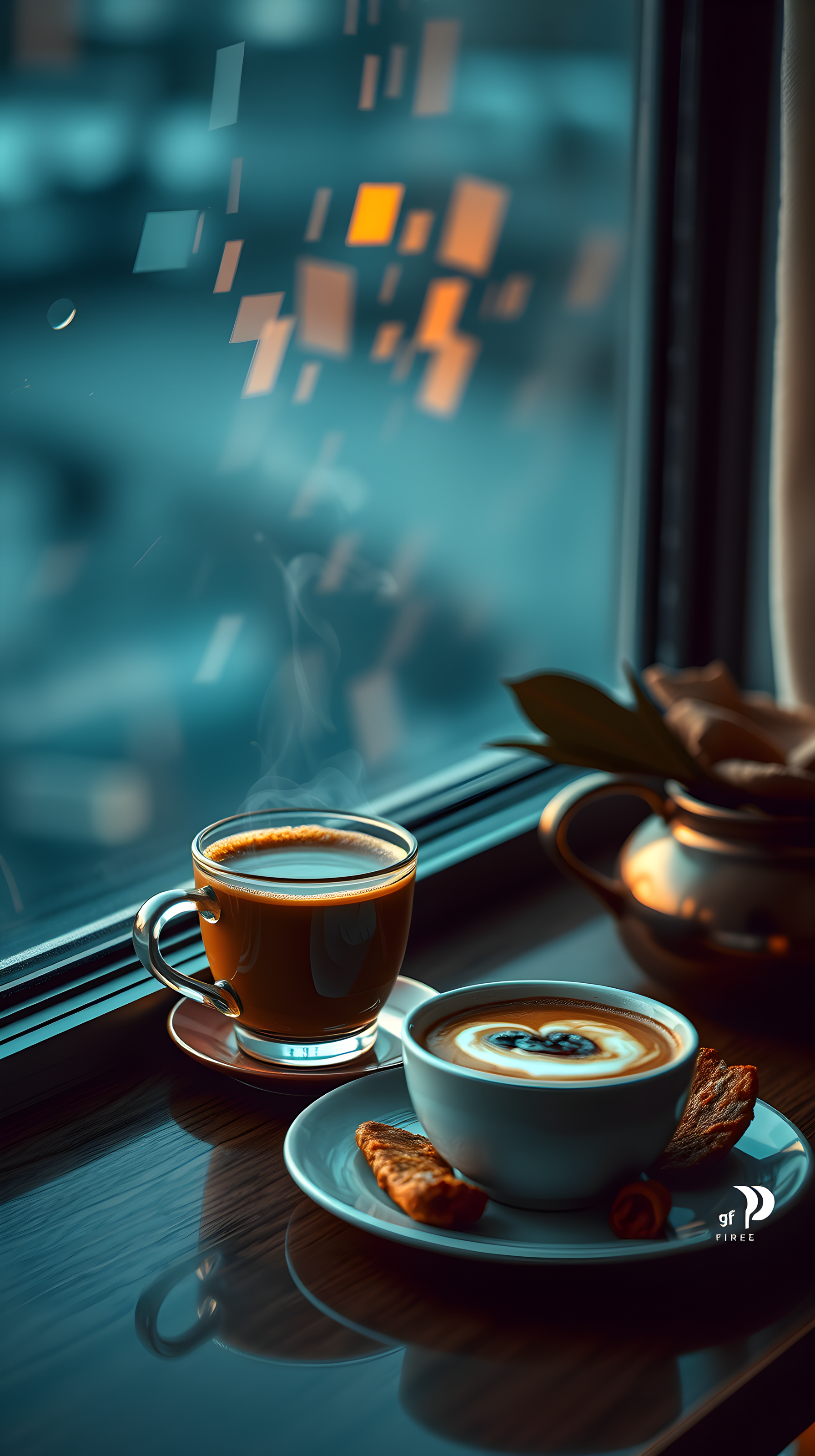 Cozy Coffee by Window with Urban Bokeh Lights, coffee, latte, cafe, window view, city lights, bokeh