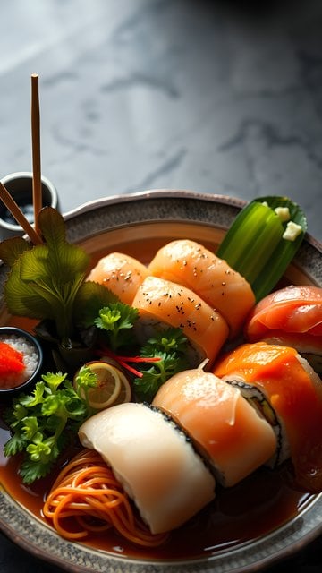 Elegant Assorted Sushi Platter with Noodles Wallpaper