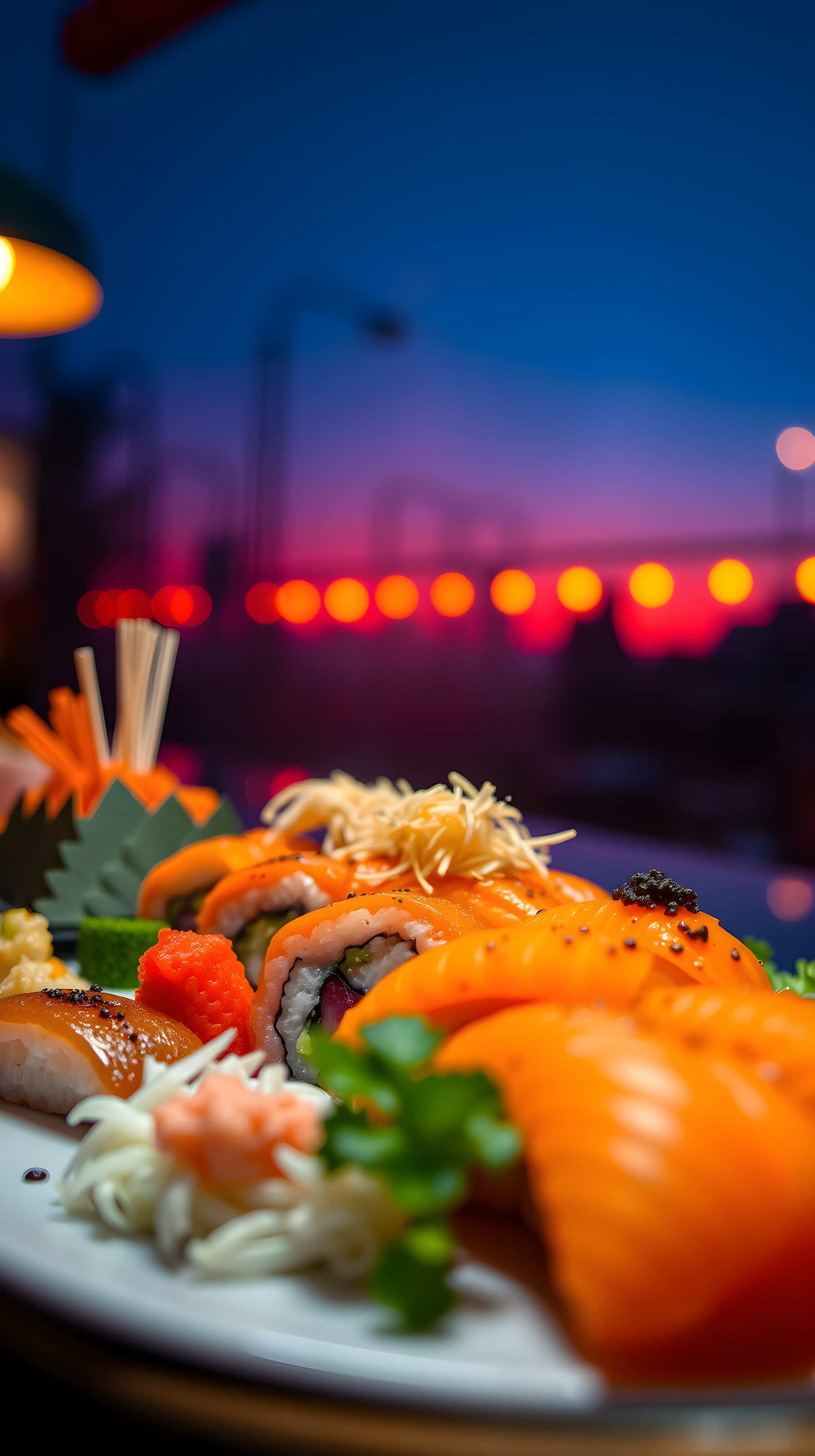 Vibrant Sushi Platter with Urban Night Bokeh, sushi, japanese food, maki, nigiri, salmon, bokeh