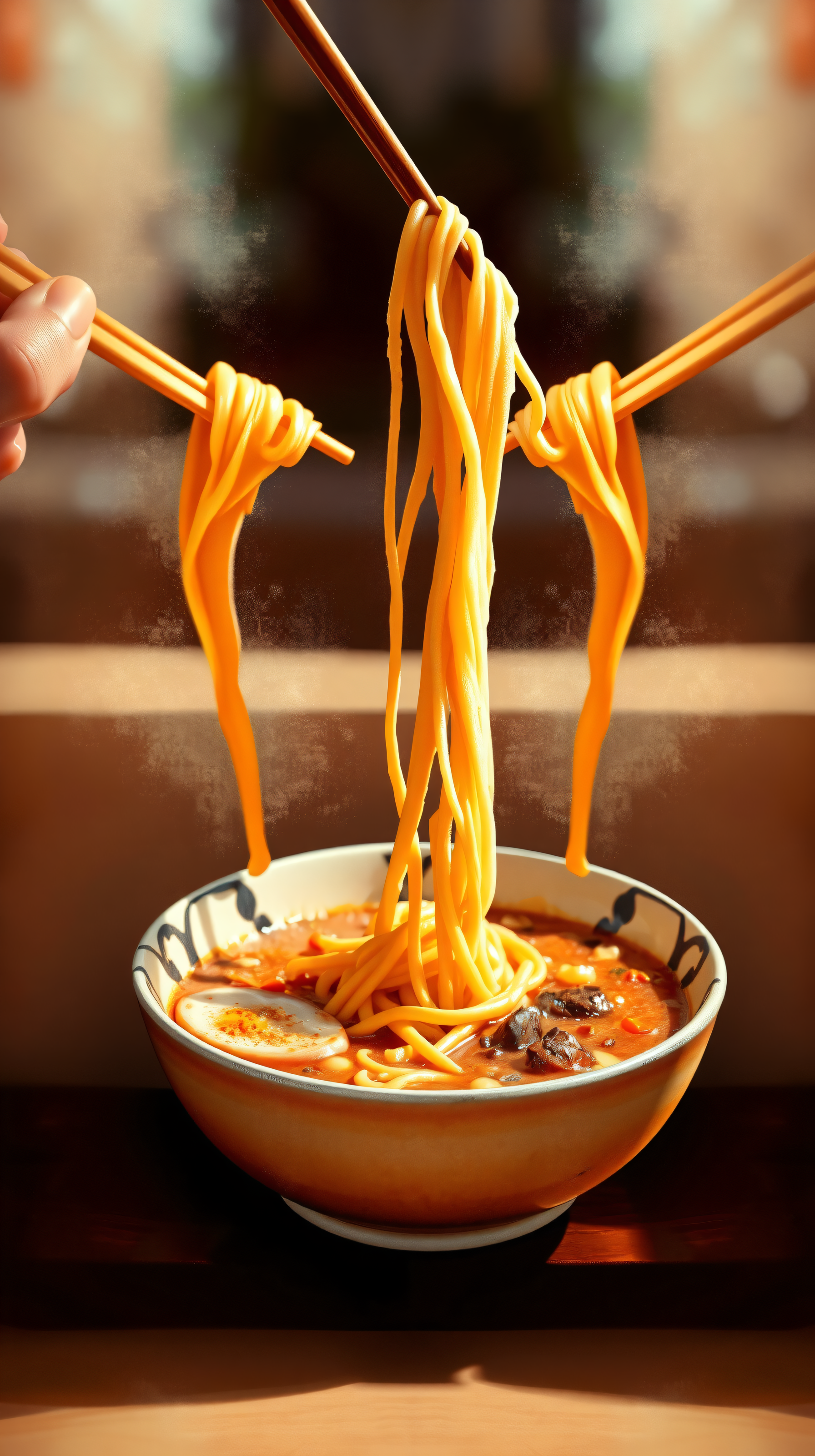 Vibrant Ramen Noodles Lifted by Chopsticks Wallpaper, ramen, noodles, chopsticks, food, asian food, hot food