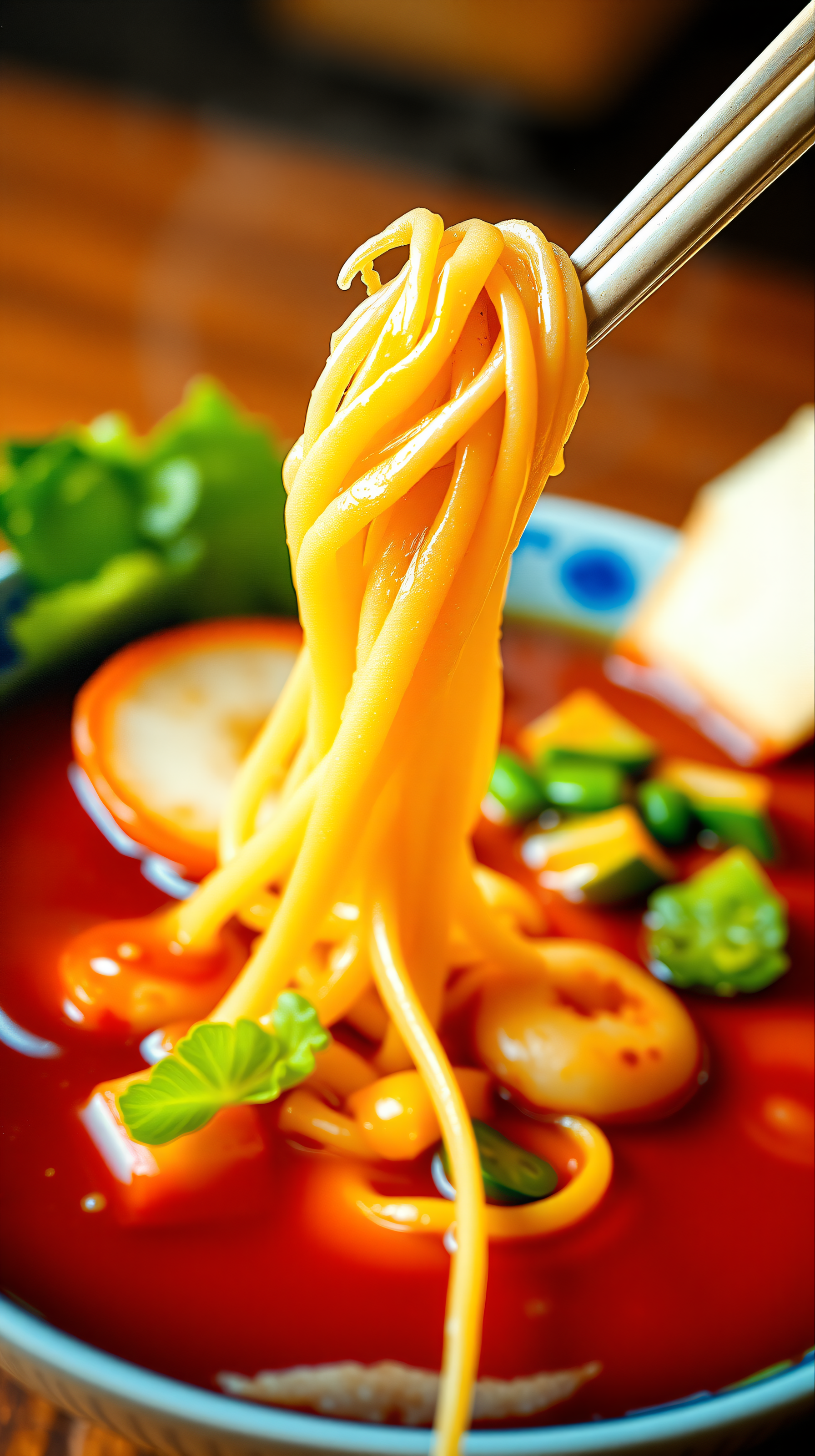 Vibrant Spicy Ramen Noodles Lifted by Chopsticks, ramen, noodles, spicy soup, chopsticks, food wallpaper, asian food